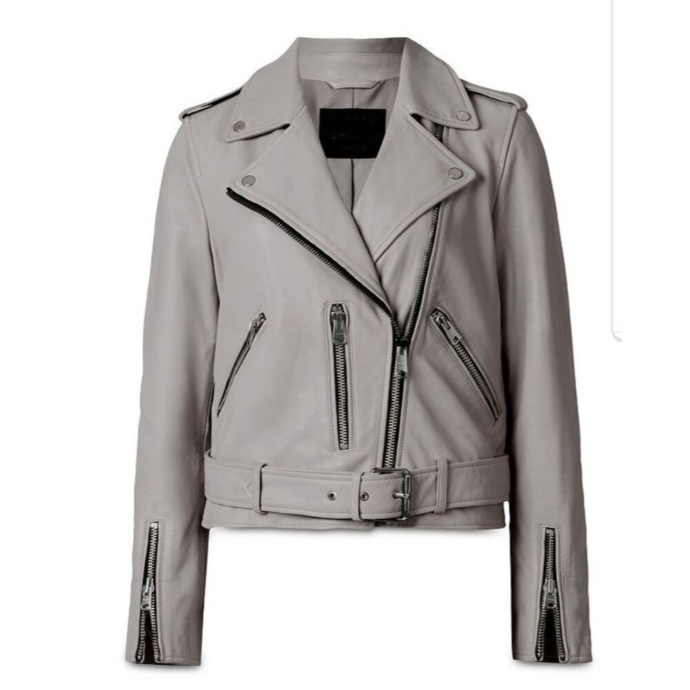 🆕 ALL SAINTS Balfern Soft Leather Zip Biker Jacket Light Gray 2 - Picture 7 of 15